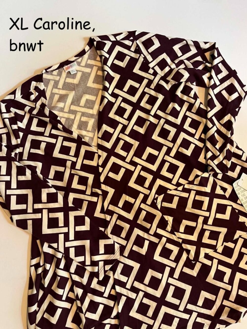 XL Lularoe Caroline cardigan sweater, brown with white zigzags